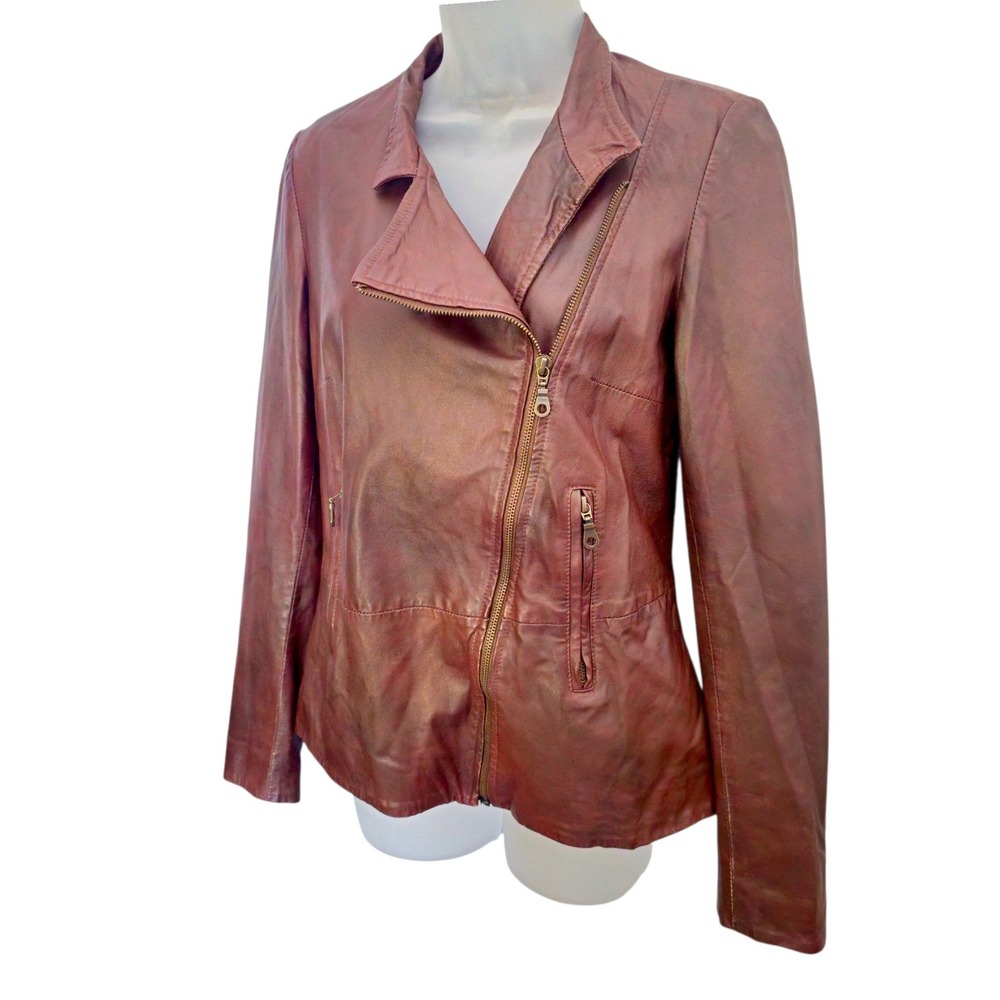 John Carlisle Womens Mahogany Distressed Leather Asymmetrical Moto Jacket Sz L